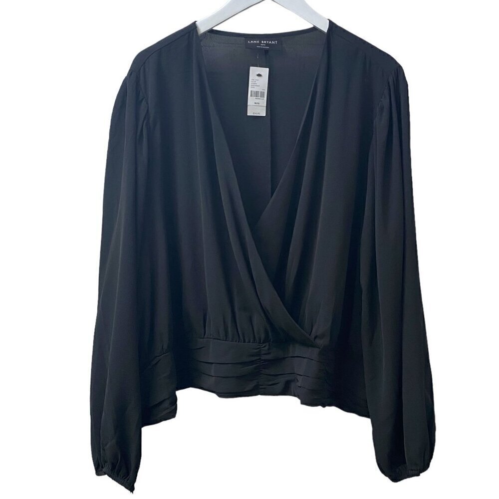 LANE BRYANT Top Plus Size 30/32 Black Crisscross Blouse Cropped Elastic Hem NWT